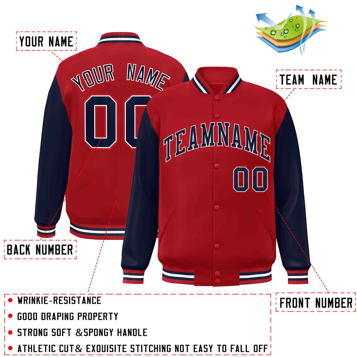 Custom Red Navy-White Varsity Jacket Classic Style Full-Snap Letterman Jacket