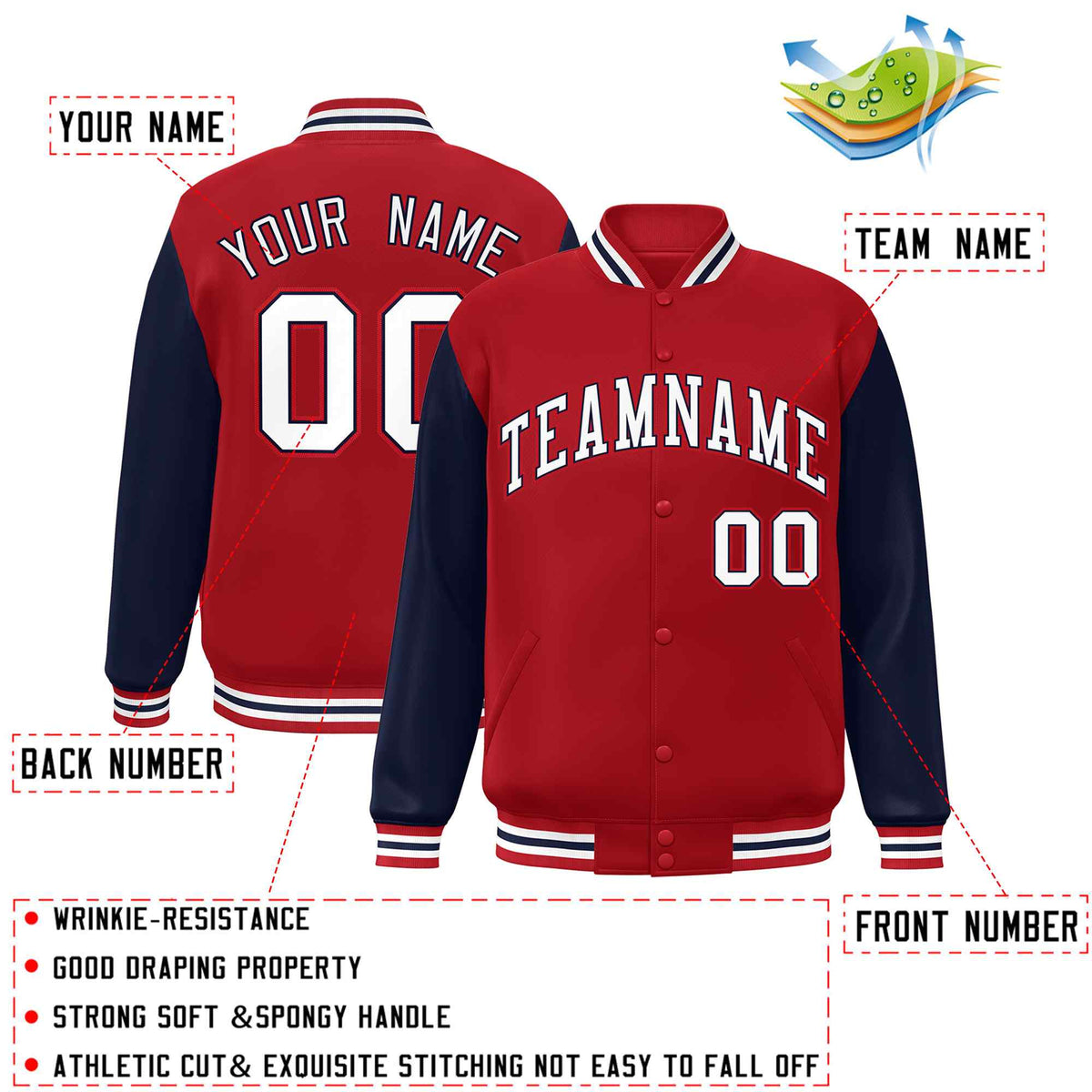 Custom Red White-Navy Varsity Jacket Classic Style Full-Snap Letterman Jacket