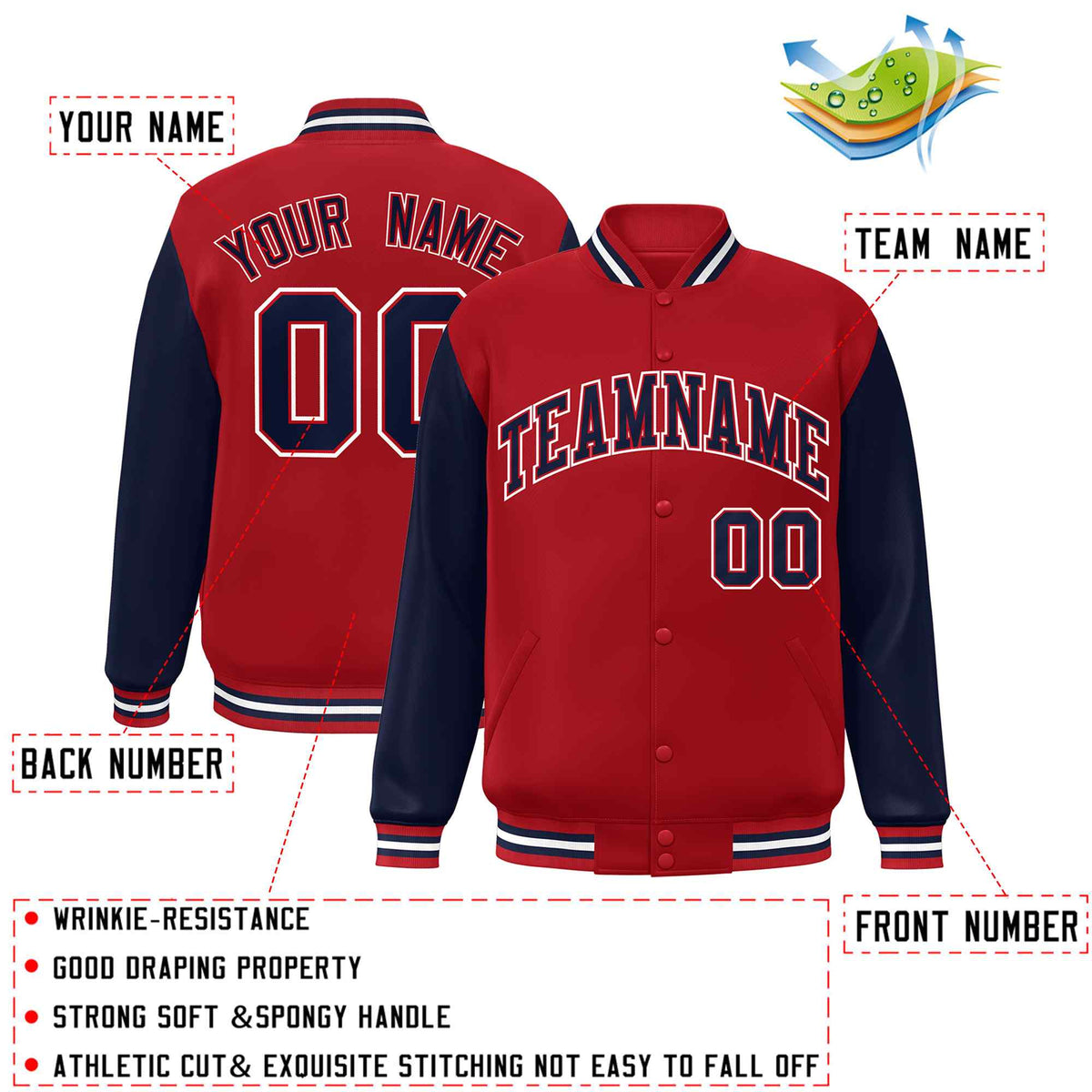 Custom Red Navy Varsity Jacket Classic Style Full-Snap Letterman Jacket