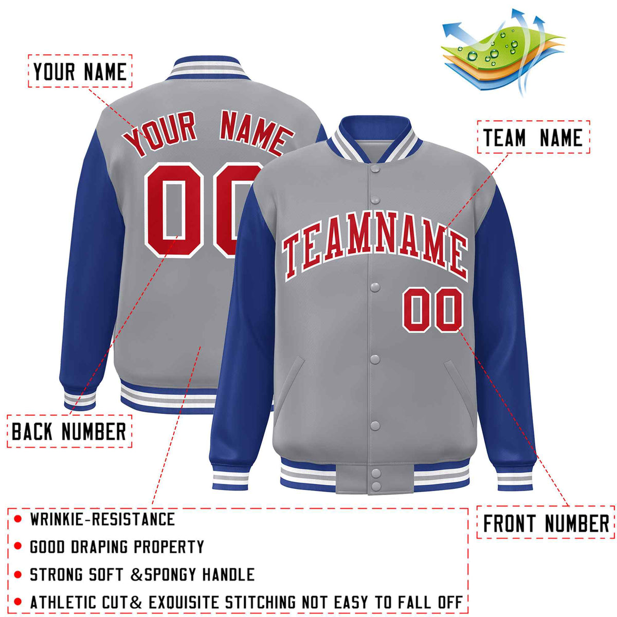 Custom Gray Red-White Varsity Jacket Classic Style Full-Snap Letterman Jacket