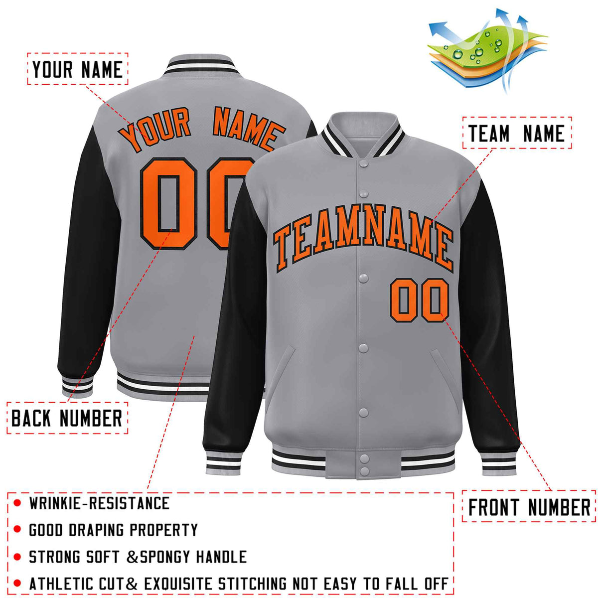 Custom Gray Orange-Black Varsity Jacket Classic Style Full-Snap Letterman Jacket