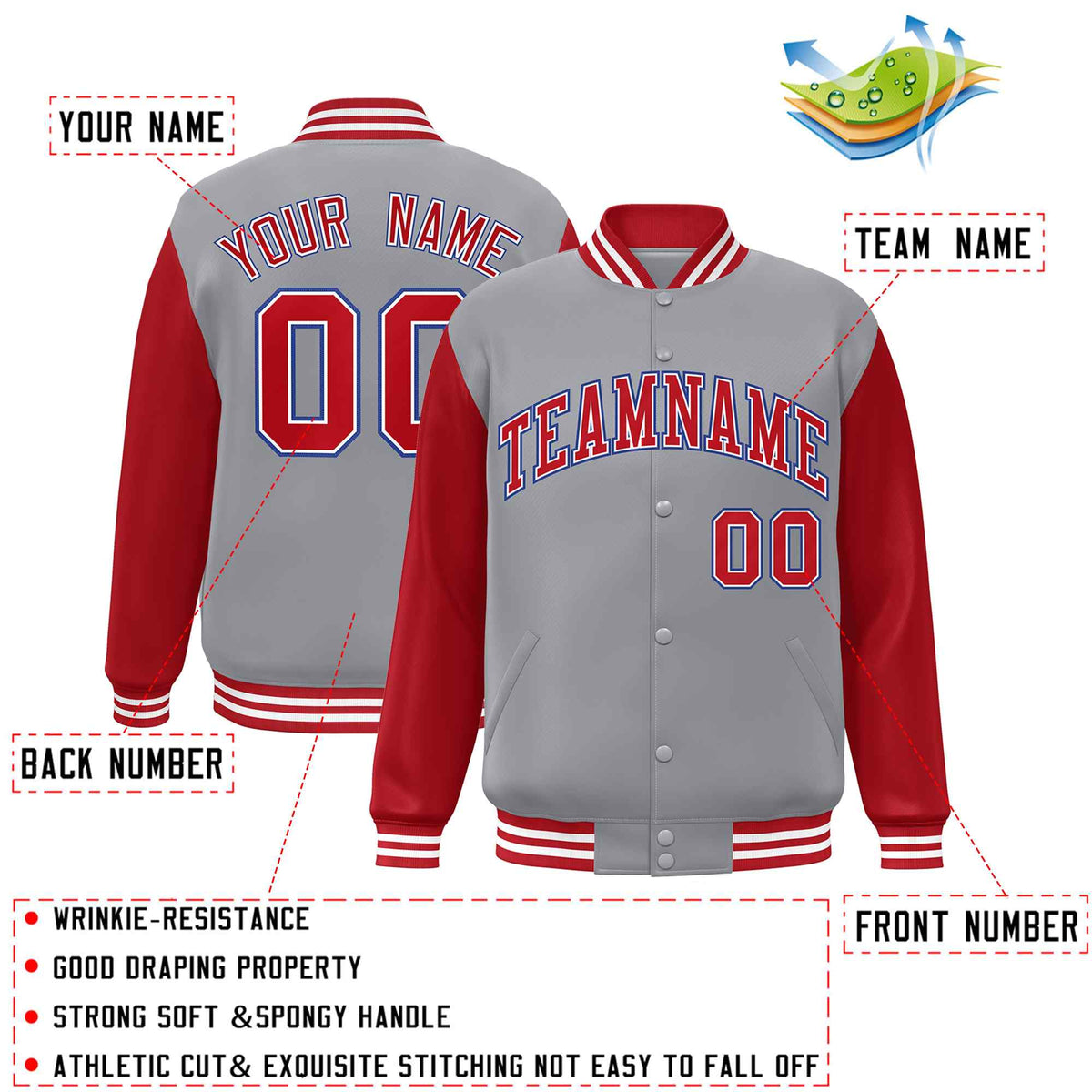 Custom Gray Red-White Varsity Jacket Classic Style Full-Snap Letterman Jacket