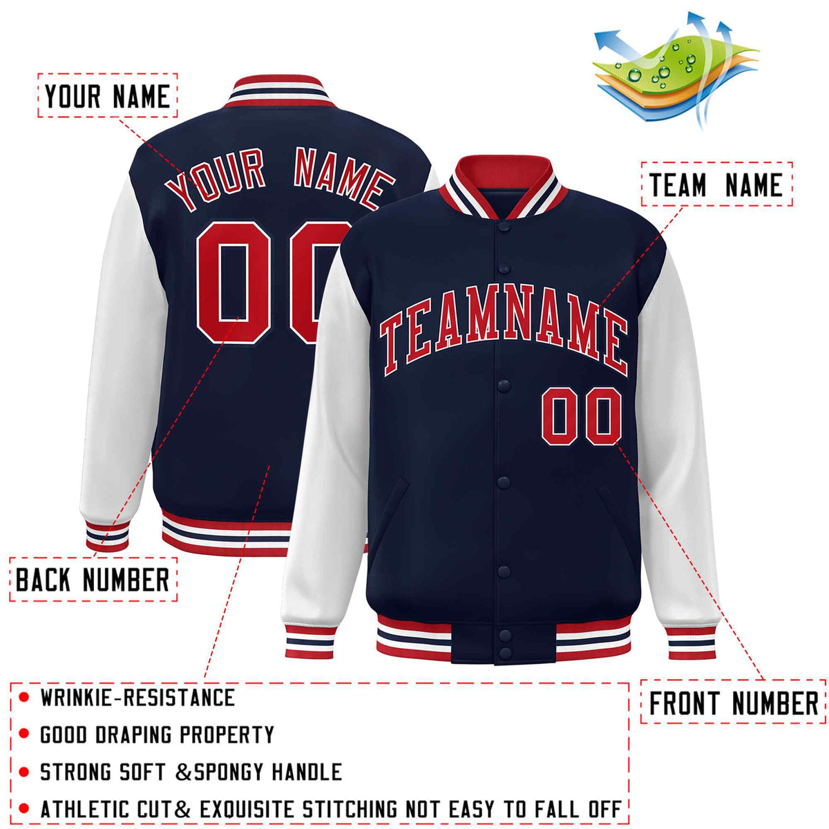 Custom Navy Red-White Varsity Jacket Classic Style Full-Snap Letterman Jacket