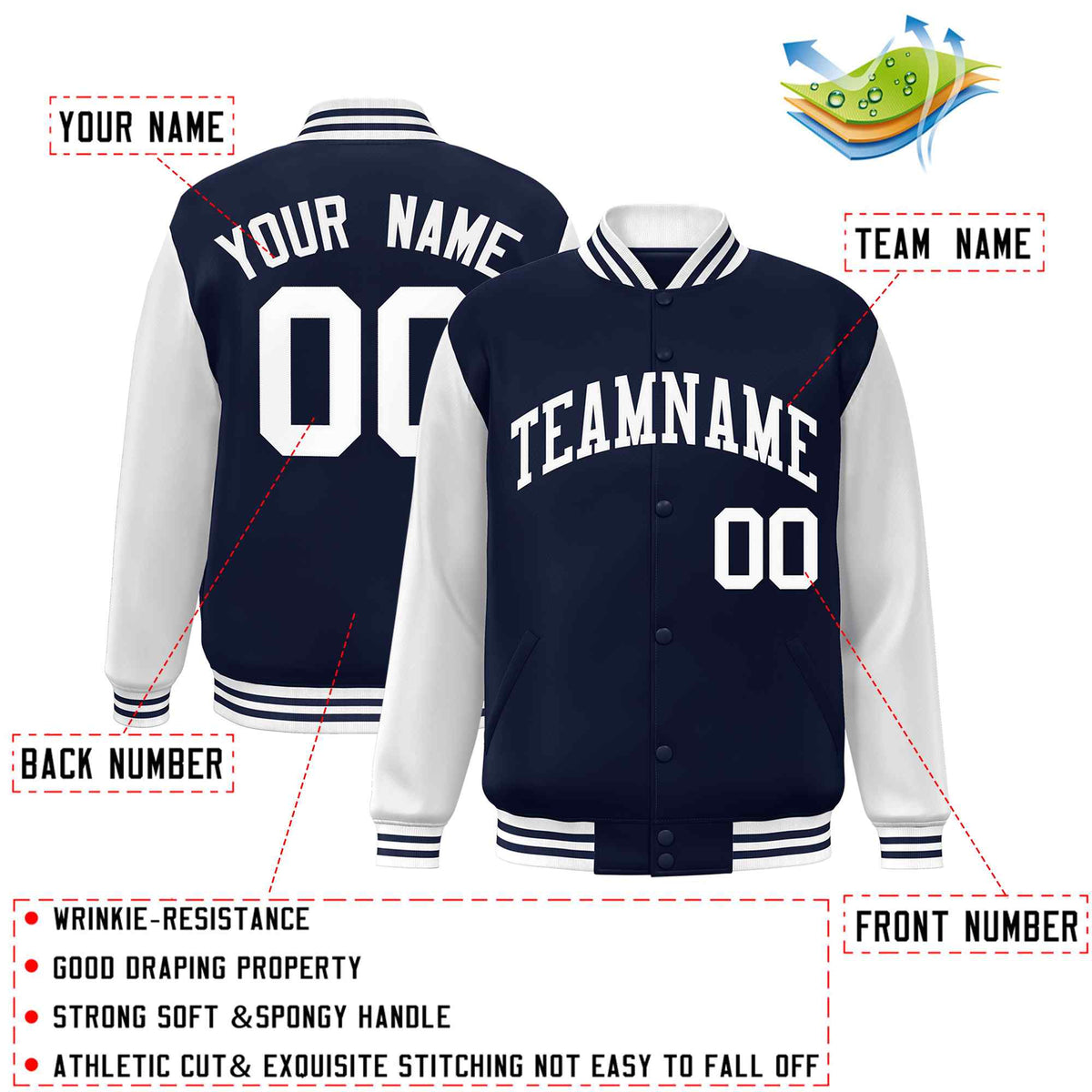 Custom Navy White Varsity Jacket Classic Style Full-Snap Letterman Jacket