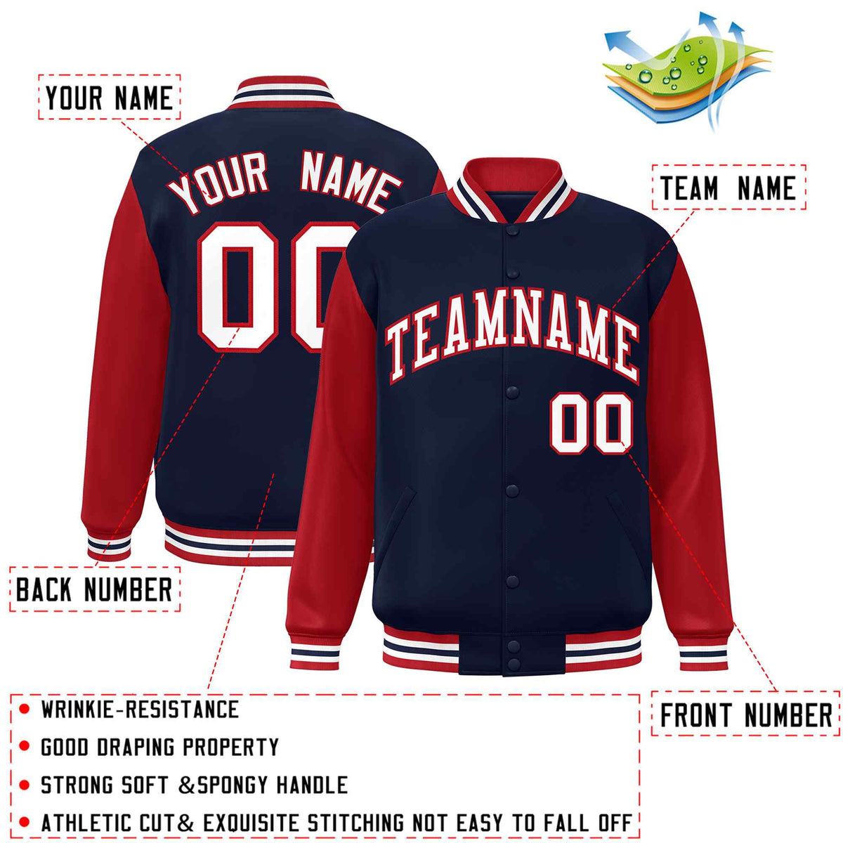 Custom Navy White-Red Varsity Jacket Classic Style Full-Snap Letterman Jacket