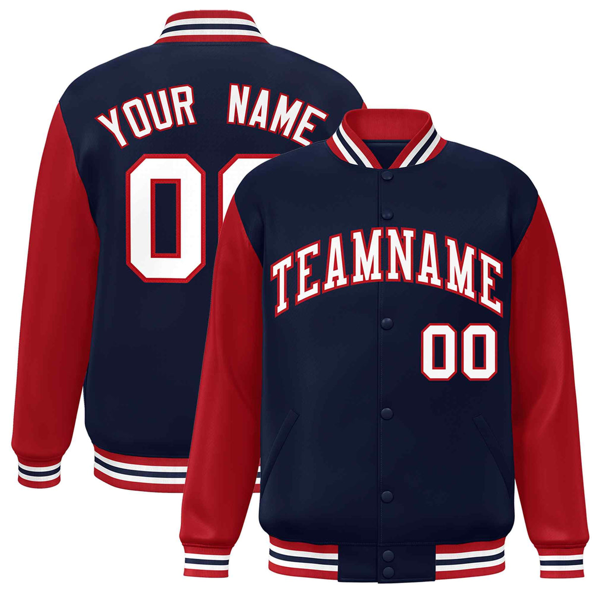 Custom Navy White-Red Varsity Jacket Classic Style Full-Snap Letterman Jacket