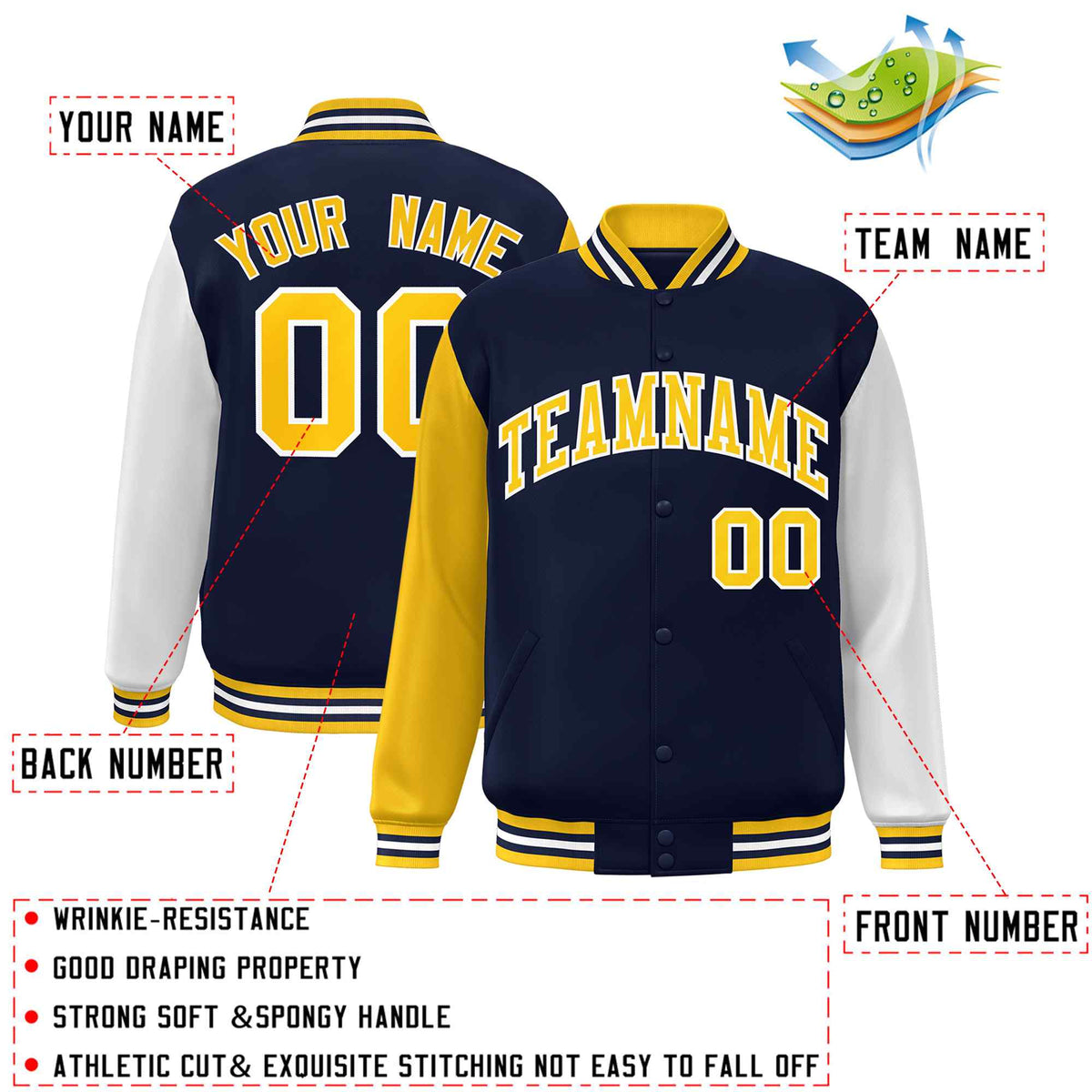 Custom Navy Gold-White Varsity Jacket Classic Style Full-Snap Letterman Jacket