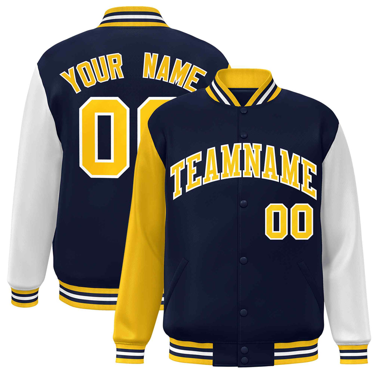 Custom Navy Gold-White Varsity Jacket Classic Style Full-Snap Letterman Jacket