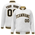 Custom White & Black & Old Gold Striped Trim Satin Full-Snap Varsity Jacket - front view