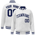 Custom White & Navy Striped Trim Satin Full-Snap Varsity Jacket - front view