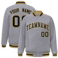 Custom Gray & Black & Old Gold Striped Trim Satin Full-Snap Varsity Jacket - front view