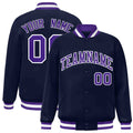 Custom Navy & Purple & White Striped Trim Satin Full-Snap Varsity Jacket - front view