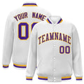 Custom White & Purple & Gold Striped Trim Satin Full-Snap Varsity Jacket - front view