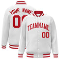 Custom White & Red Striped Trim Satin Full-Snap Varsity Jacket - front view