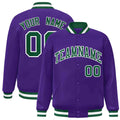 Custom Purple & Green & White Striped Trim Satin Full-Snap Varsity Jacket - front view