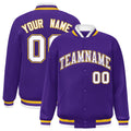 Personalized Purple & White & Gold Striped Trim Satin Full-Snap Varsity Jacket - front view