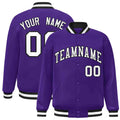 Custom Purple & White & Black Striped Trim Satin Full-Snap Varsity Jacket - front view