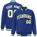 Custom Royal Blue & White & Green Striped Trim Satin Full-Snap Varsity Jacket - front view