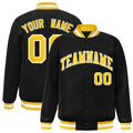 Custom Black & Gold & White Striped Trim Satin Full-Snap Varsity Jacket - front view