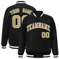 Personalized Black & Old Gold & White Striped Trim Satin Full-Snap Varsity Jacket - front view
