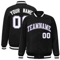 Custom Black & White & Purple Striped Trim Satin Full-Snap Varsity Jacket - front view