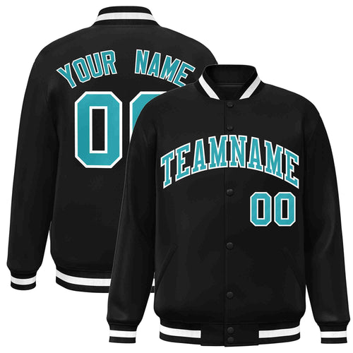 Custom Black & Aqua & White Striped Trim Satin Full-Snap Varsity Jacket - front view