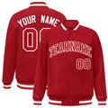 Custom Red & White Striped Trim Satin Full-Snap Varsity Jacket - front view