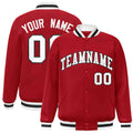 Custom Red & White & Gray Striped Trim Satin Full-Snap Varsity Jacket - front view