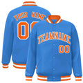 Custom Powder Blue & Orange & White Striped Trim Satin Full-Snap Varsity Jacket - front view