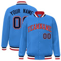 Custom Powder Blue & Red & White Striped Trim Satin Full-Snap Varsity Jacket - front view