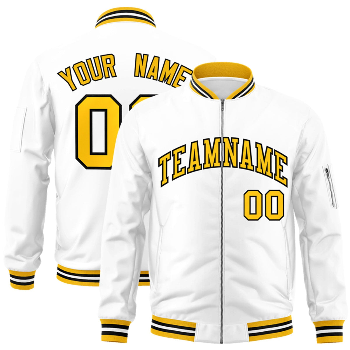 Custom White Yellow-Black Bomber Jacket Full-Zip Varsity Letterman