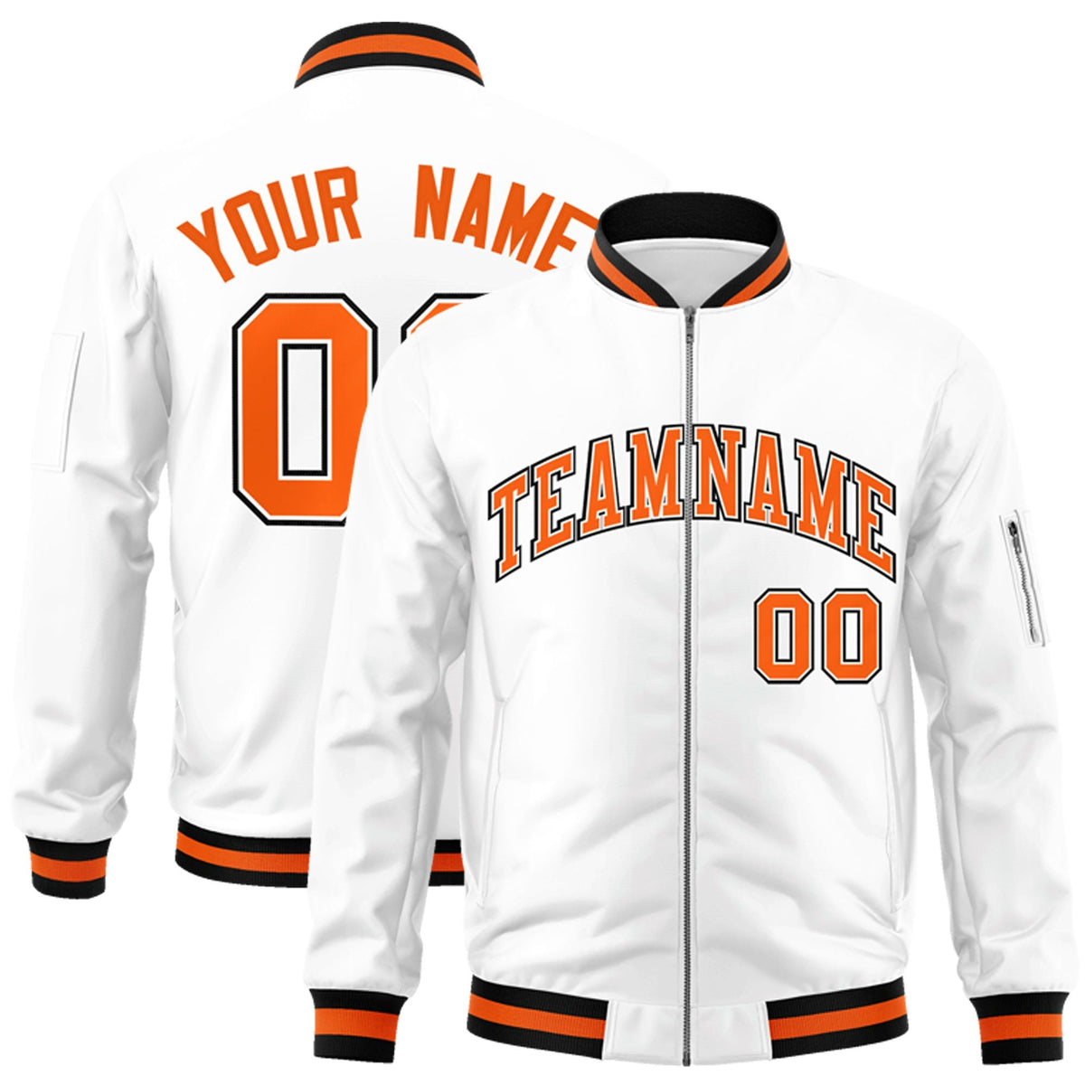 Custom White Orange-Black Bomber Jacket Full-Zip Varsity Letterman