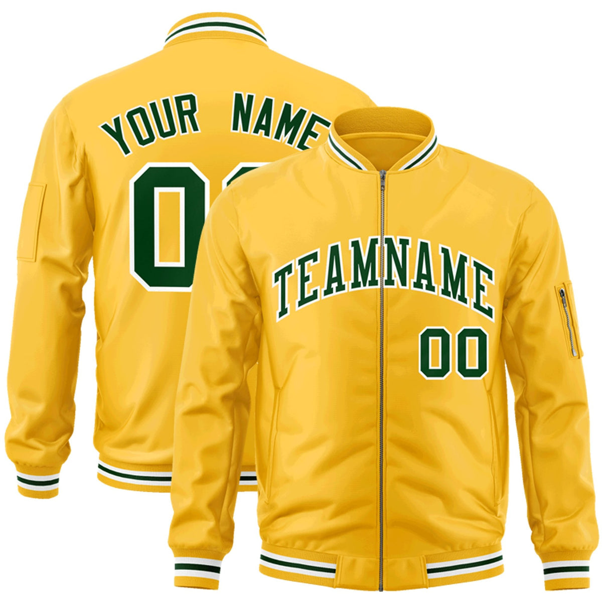Custom Gold Green-White Bomber Jacket Full-Zip Varsity Letterman