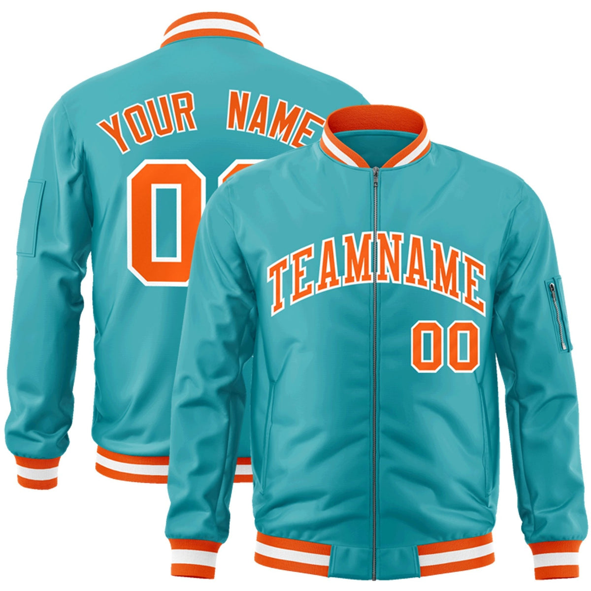 Custom Aqua Orange-White Bomber Jacket Full-Zip Varsity Letterman