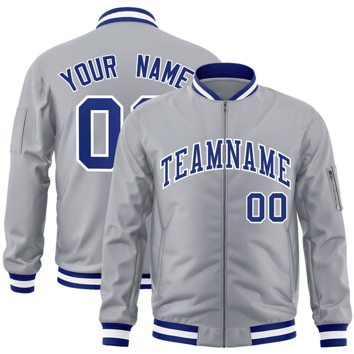 Custom Gray Royal-White Bomber Jacket Full-Zip Varsity Letterman