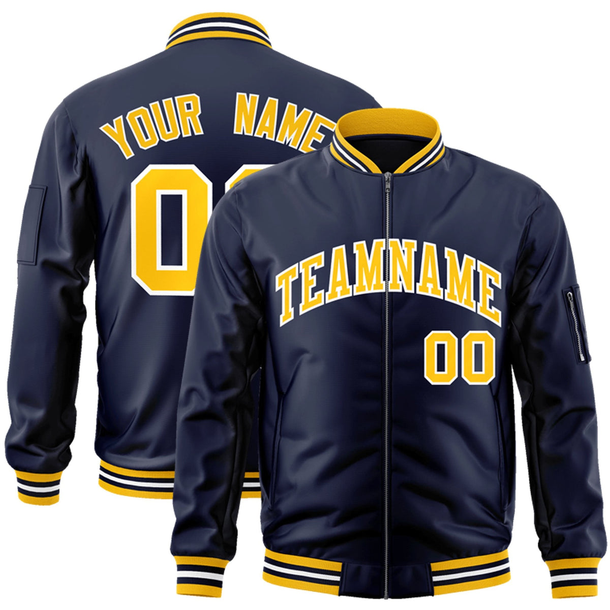 Custom Navy Gold-White Bomber Jacket Full-Zip Varsity Letterman