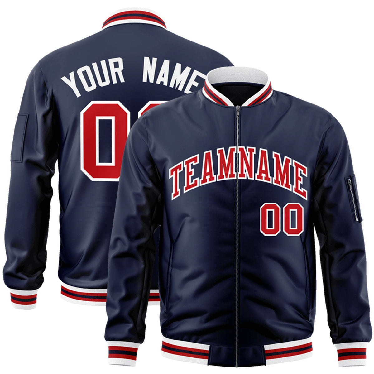 Custom Navy Red-White Bomber Jacket Full-Zip Varsity Letterman