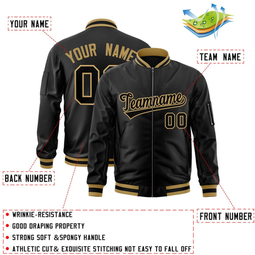 Custom Black Black-Old Gold Bomber Jacket Full-Zip Varsity Letterman