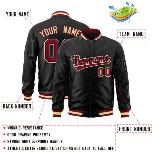 Custom Black Crimson-Black Bomber Jacket Full-Zip Varsity Letterman