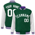 Personalized Green & White & Purple Color Block Satin Full-Snap Varsity Jacket - front view