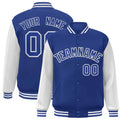 Personalized Royal Blue & White Color Block Satin Full-Snap Varsity Jacket - front view