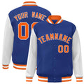Custom Royal Blue & Orange & White Color Block Satin Full-Snap Varsity Jacket - front view