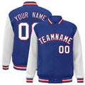 Custom Royal Blue & White & Red Color Block Satin Full-Snap Varsity Jacket - front view