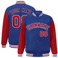 Custom Royal Blue & Red & White Color Block Satin Full-Snap Varsity Jacket - front view