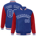 Personalized Royal Blue & Red & White Color Block Satin Full-Snap Varsity Jacket - front view