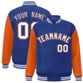 Custom Royal Blue & Orange & White Color Block Satin Full-Snap Varsity Jacket - front view