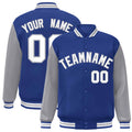 Custom Royal Blue & White & Gray Color Block Satin Full-Snap Varsity Jacket - front view