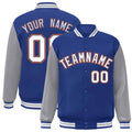 Personalized Royal Blue & Gray & White Color Block Satin Full-Snap Varsity Jacket - front view