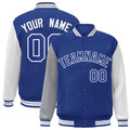 Custom Royal Blue & Gray & White Color Block Satin Full-Snap Varsity Jacket - front view