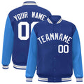 Custom Royal Blue & Powder Blue & White Color Block Satin Full-Snap Varsity Jacket - front view